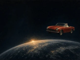 Червен Tesla Roadster с манекена Starman в скафандър над кривата на Земята