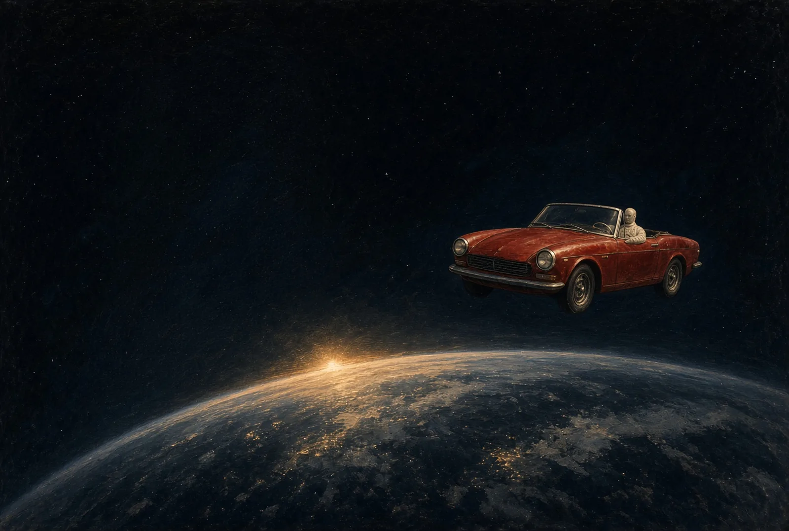 Червен Tesla Roadster с манекена Starman в скафандър над кривата на Земята