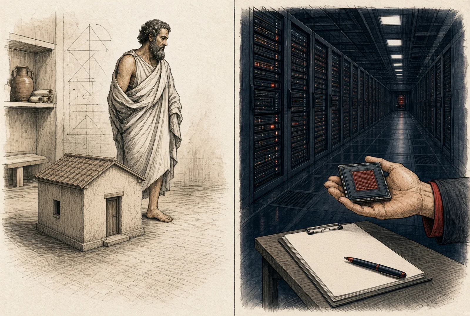 Illustration: Aristotle beside a model house on the left, and a hand holding a Grace Blackwell chip in a data center above unsigned papers on the right