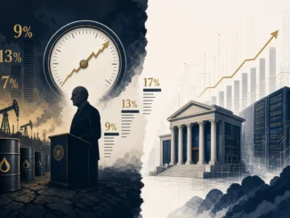 Illustration: oil barrels and Paul Volcker-era inflation and rate figures of 9%, 13% and 17% set against a modern bank and data centers