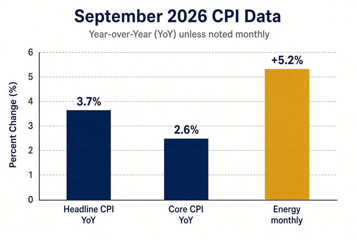 Графика на CPI за септември 2026: обща инфлация 3,7%, базисна 2,6%, енергия +5,2% за месеца