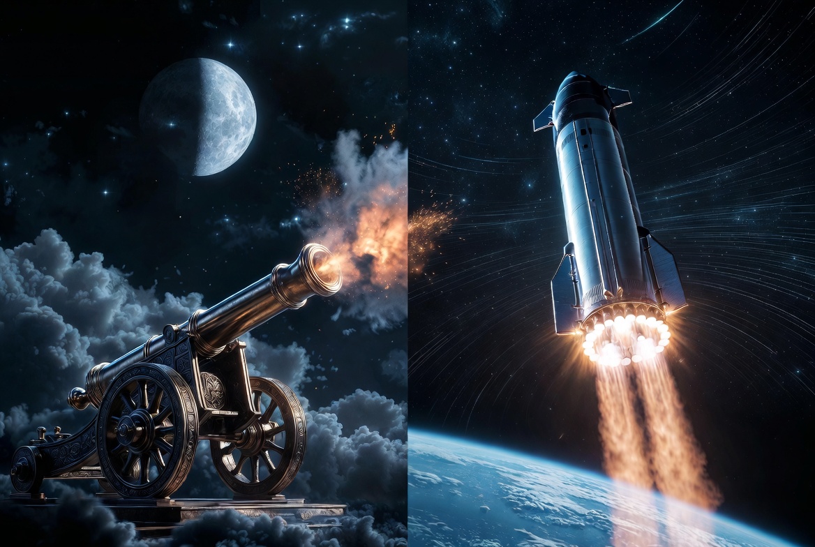 From Jules Verne’s Projectile to Musk’s Rocket - and the Gravity That Follows (Stylized comparison between the classic projectile from Verne’s novel and the modern SpaceX rocket, symbolizing the trans