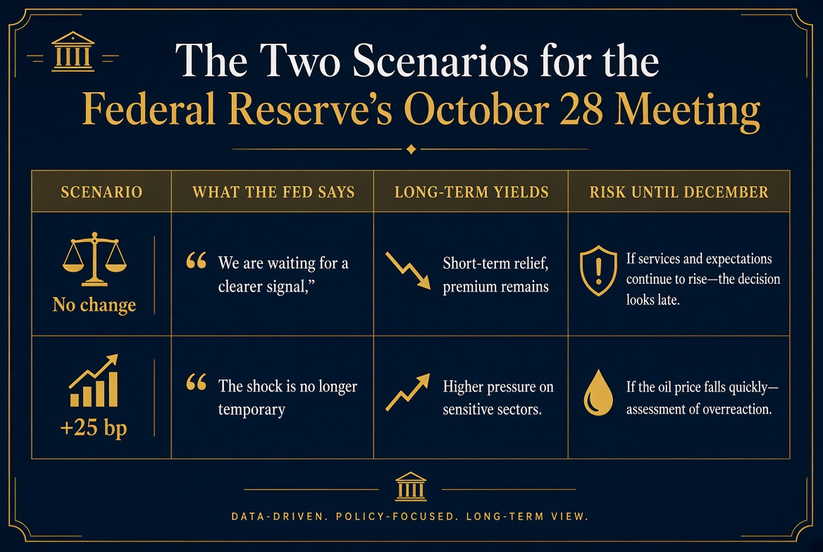 Table of the two scenarios for the Fed October 28 meeting: no change or a 25 bp hike, with effects on long-term yields and risks until December