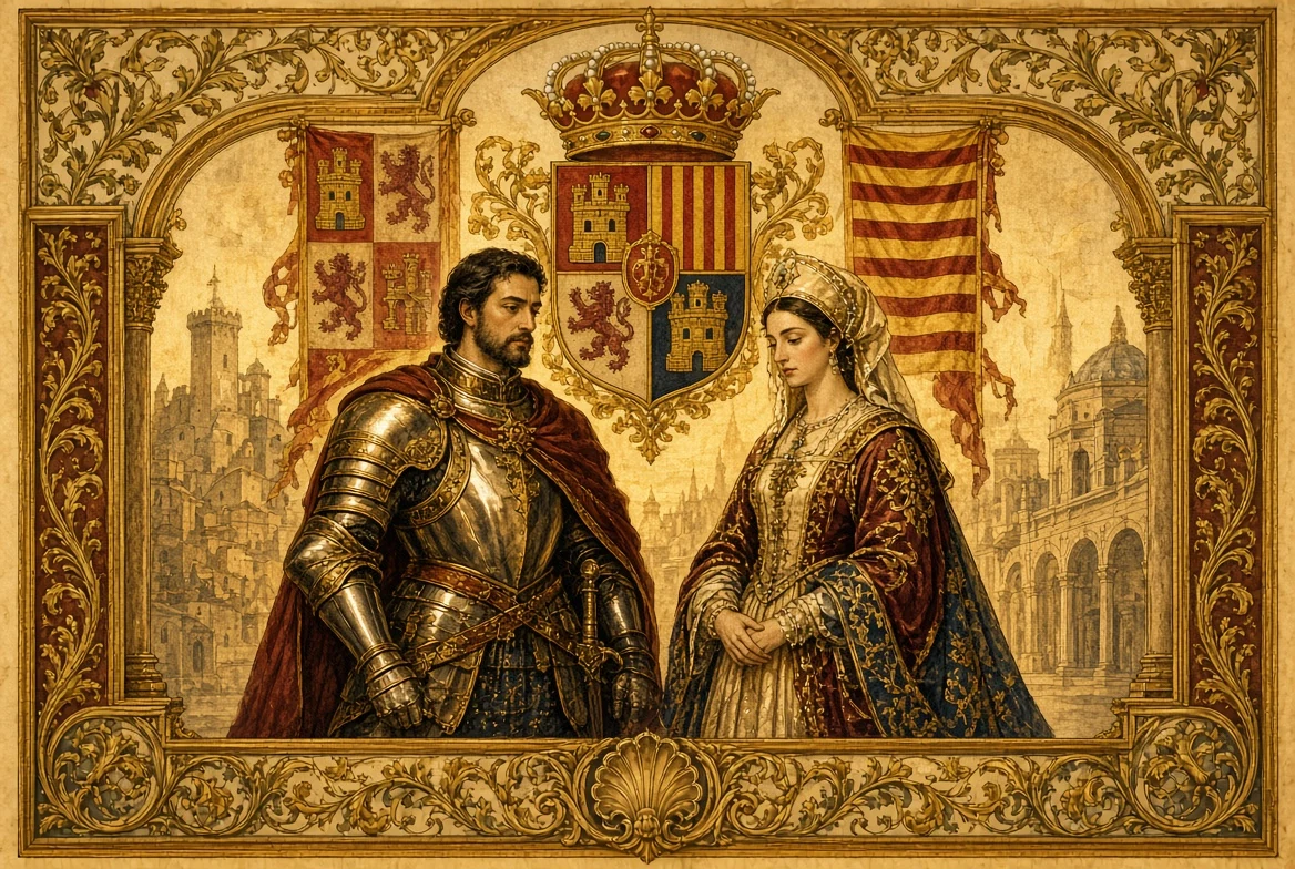 Ferdinand of Aragon and Isabella of Castile in royal attire, classical illustration of a dynastic union