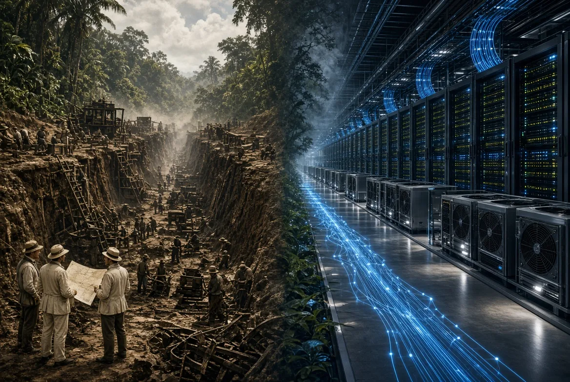 Transition from an unfinished 19th-century canal excavation in the jungle to a modern data center