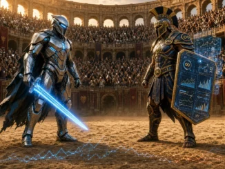 Two gladiators with Tesla and Meta logo shields in a Roman amphitheatre arena