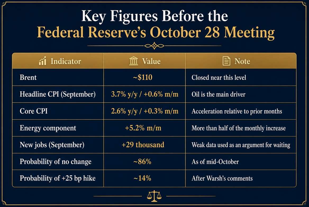 Table of key figures before the Fed October 28 meeting: oil above $110 (Brent near $110), CPI 3.7%, core 2.6%, energy +5.2%, 29 thousand jobs, 86% hold odds