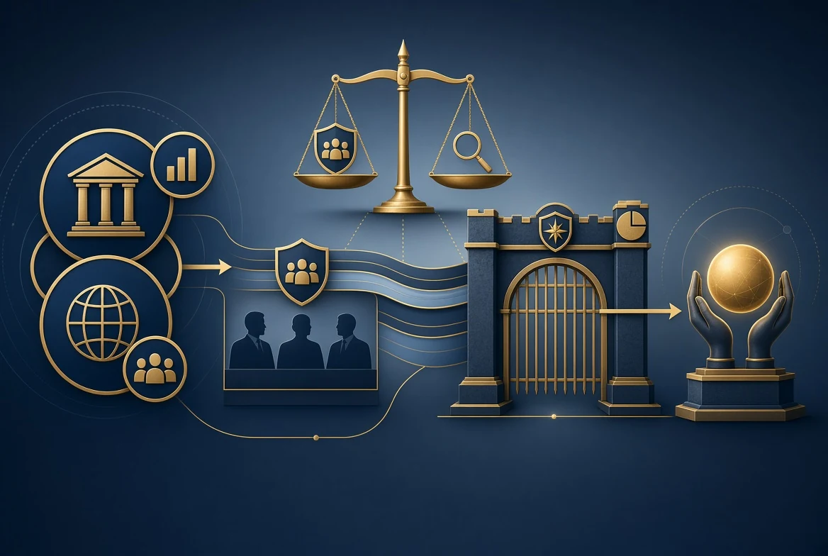 Блок-схема на корпоративно управление с везни на правосъдието, комитет и укрепена врата към стойност
