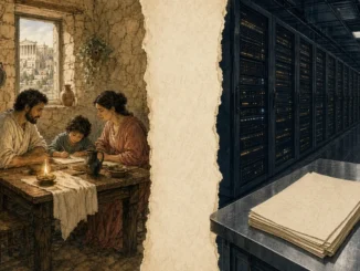 An ancient Greek family writing by an oil lamp beside a data center aisle with a stack of unsigned papers