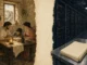 An ancient Greek family writing by an oil lamp beside a data center aisle with a stack of unsigned papers