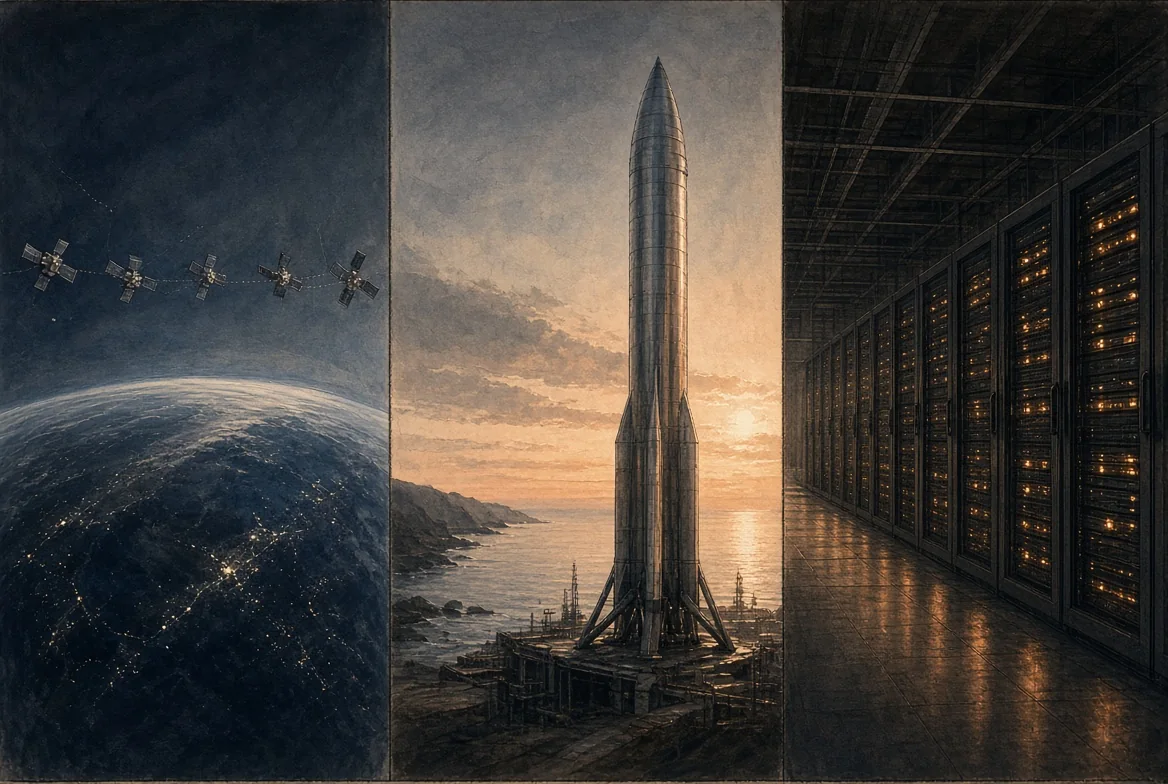 Starlink satellites in orbit, a Starship rocket on the pad and an xAI data center server hall