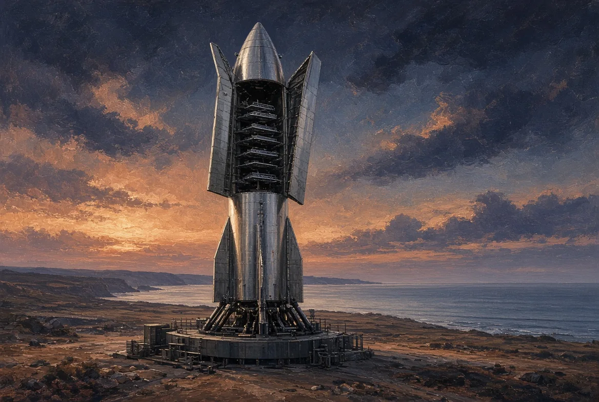 SpaceX Starship on the launch pad with its payload bay open