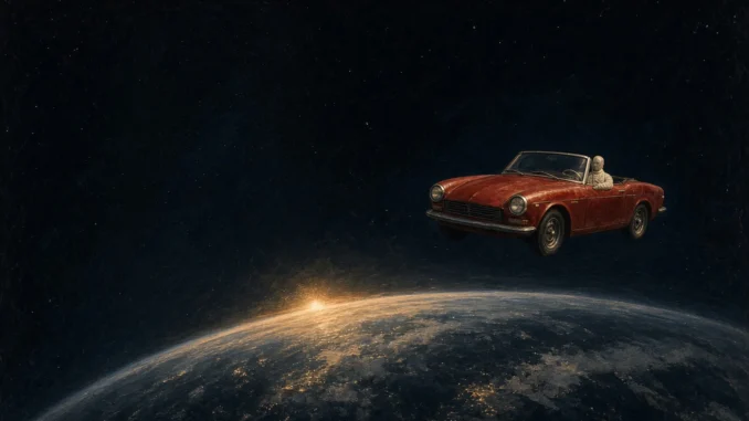 starman-tesla-roadster-orbit-earth Red Tesla Roadster with the Starman mannequin in a spacesuit above the curve of the Earth