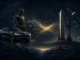 Illustration of a Tesla-SpaceX merger: car, robot and rocket linked by light streams