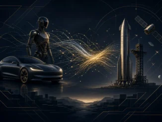 Илюстрация на сливане между Tesla и SpaceX: кола, робот и ракета, свързани със светлинни потоци