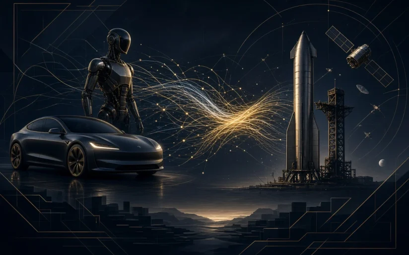 Илюстрация на сливане между Tesla и SpaceX: кола, робот и ракета, свързани със светлинни потоци